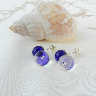 Silberohrring mit handgefertiogter doppelter Glasperle. Glaskugel in blau und durchsichtig, zweiteilig, Unikat